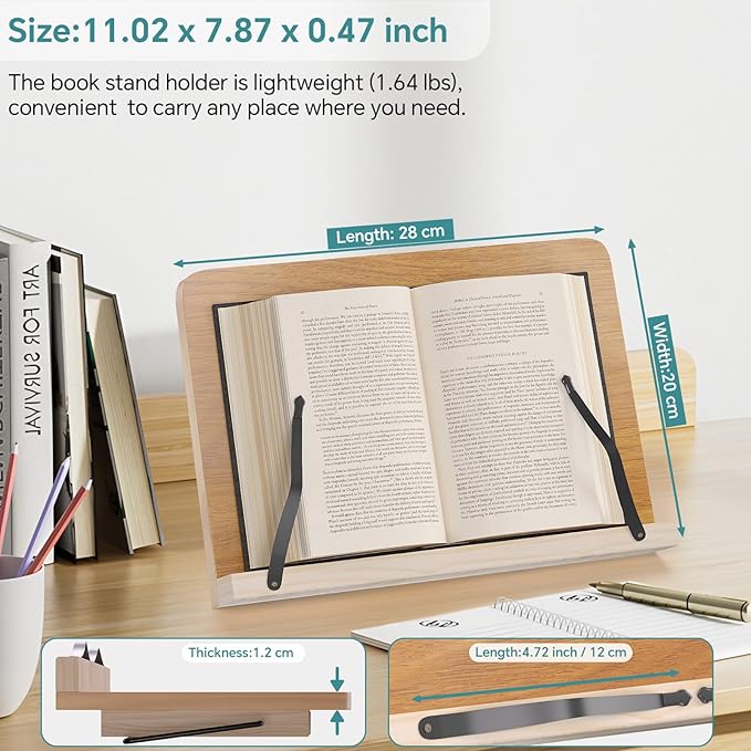 Book Stand,8 Adjustable Height Holder Tray with Elastic Page Paper Clips for Textbook/Cookbook/Music Scores/Tablet,Lightweight Reading Hands Free Desktop Document Book Mount,Bamboo Reading Holder