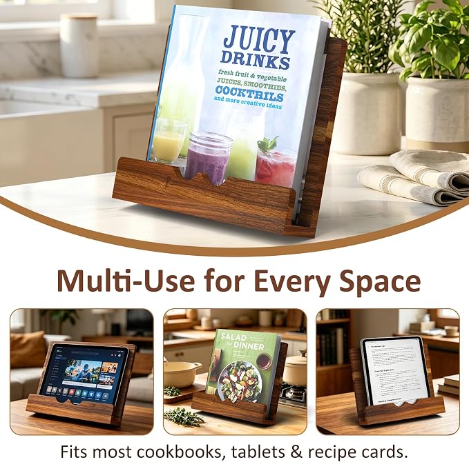 Acacia Wood Cookbook Stand Sturdy Recipe Book Holder for Kitchen Counter, Solid Wood Cook Book Stand for Thick Cookbooks, iPad & Tablets