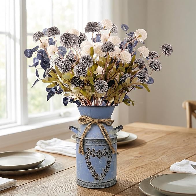 16.5''H Fake Flowers in Vase for Centerpiece Table Decorations with 10Pcs Fake Mums Flowers Eucalyptus Stems Faux Pompon Kiku Flowers Arrangement for Home Farmhouse Decor (Blue and White)