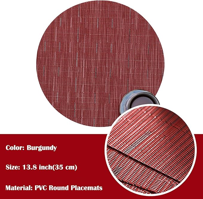 Round Placemats Set of 6 Woven Table Mats Washable Non-Slip Place Mats 13.8 Inch for Christmas Decoration Home Wedding Party,Burgundy