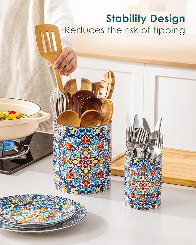 vancasso SIMI Utensil Holder, 7.3"+5.5" Porcelain Kitchen Utensil Holder for Countertop, Bohemian Kitchen Utensil Organizer for Spatulas, Spoons, Decorative Counter Utensil Crock, Twilight Bloom