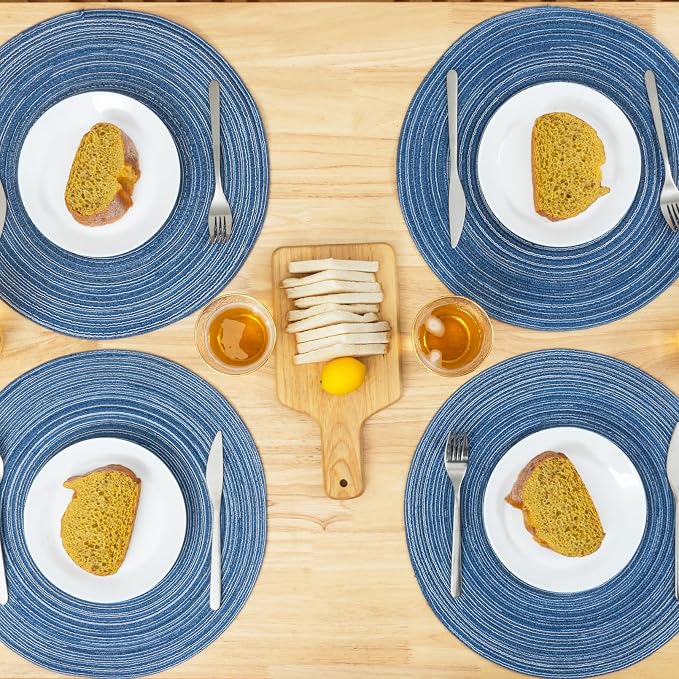 Winknowl Round Braided Placemats Set of 8 Washable Woven Heat Resistant Table Mats for Kitchen Dining Tables 15 inch Round Place Mats (Seascape Blue,8)