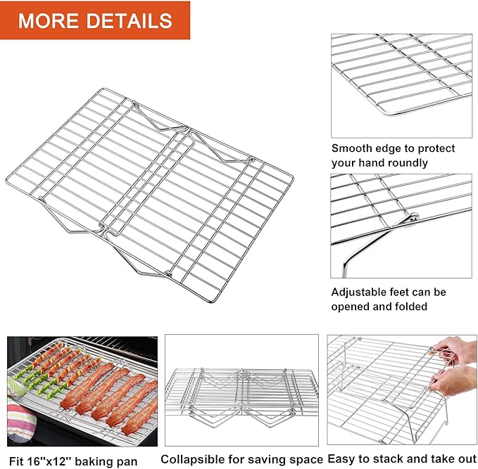 P&P CHEF Cooling Rack, 5-Tier Stainless Steel Stackable Baking Cooking Racks for Cooling Roasting Grilling, Collapsible & Heavy Duty, Oven Safe & Easy Clean, 16.5" x 11.4", Silver