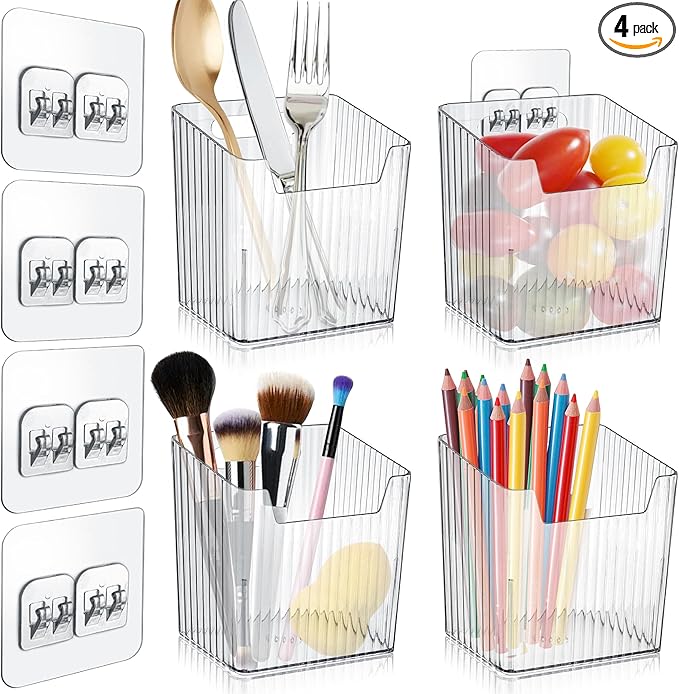 4 Pack Acrylic Wall Mount Organizer, Adhesive Cabinet Door Storage Bins, Clear Makeup Containers, Stackable Organizer Basket for Kitchen, Bathroom, Cabinet, Pantry, Office