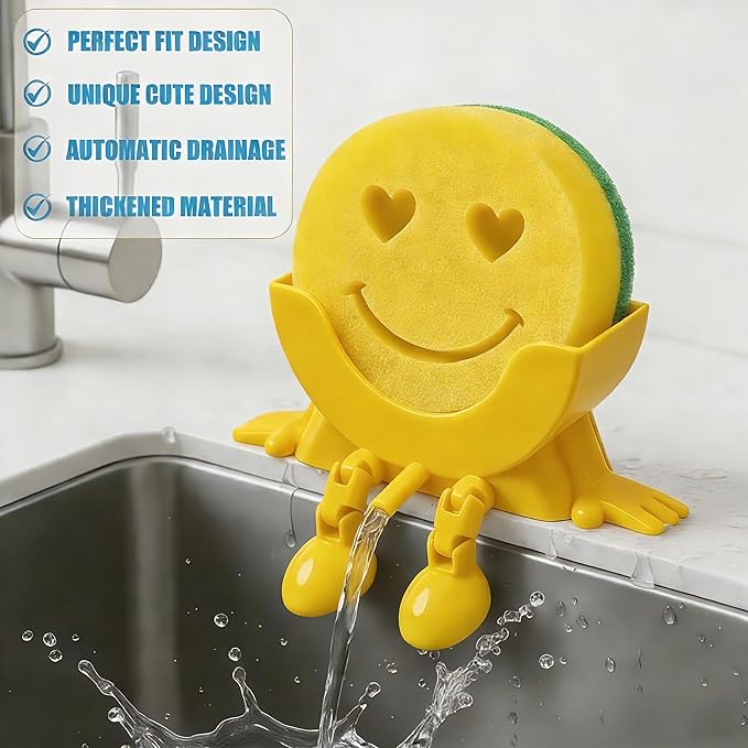 Cute Hanging Sponge Holder with Drainage,3D Printed Kitchen Funny Sponge Stand for Sink,with non-slip pads,Suitable for Scrub Daddy Holder,Keeps Your Sponge Dry Smiling (Yellow)