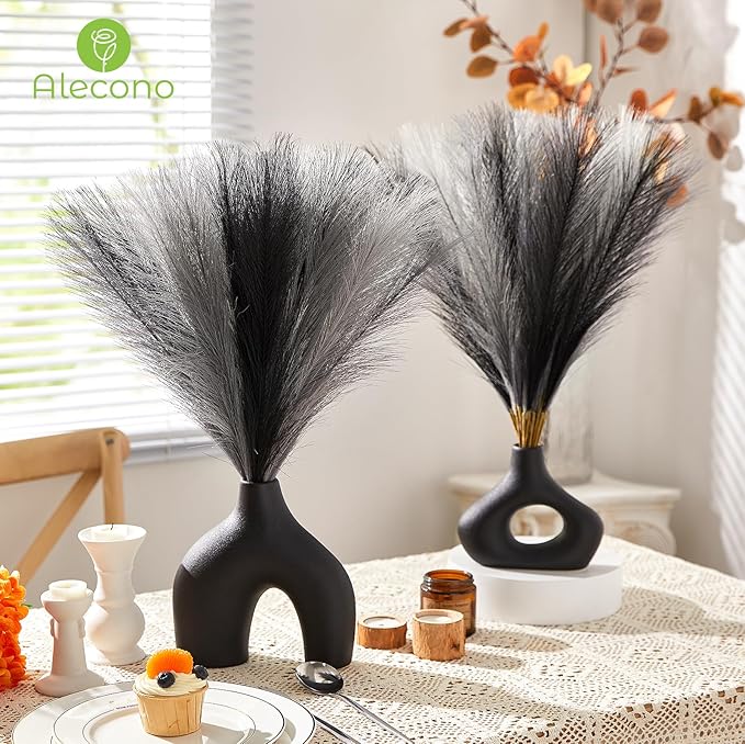 Alecono Pampas Grass 17.7in 𝟯𝟬𝙋𝙘𝙨 , Black Pampas Grass Decor for Home Decoration, Faux Pampas Grass Wall Decor for Wedding Centerpieces Party Decorations (Black, Grey)