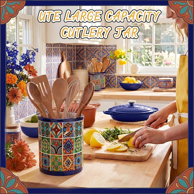 LemonRoad 6.7" H Talavera Utensil Holder for Kitchen Counter,Ceramic Cooking Utensil Crock Modern Farmhouse Countertop Organizer for Spatula Ladle Kitchen Counter Decor