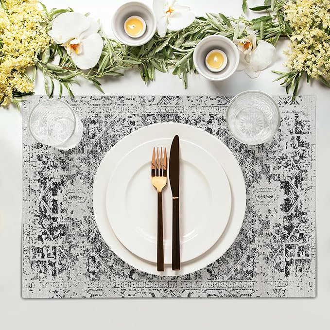 Gray Black Boho Placemats Set of 6 Ethnic Bohemian Carpet Place Mats Washable Kitchen Dining Vintage Grey Geography Floral Linen Table Mats Stain Heat-Resistant Cloth Tabel for Home Party 12x18 in