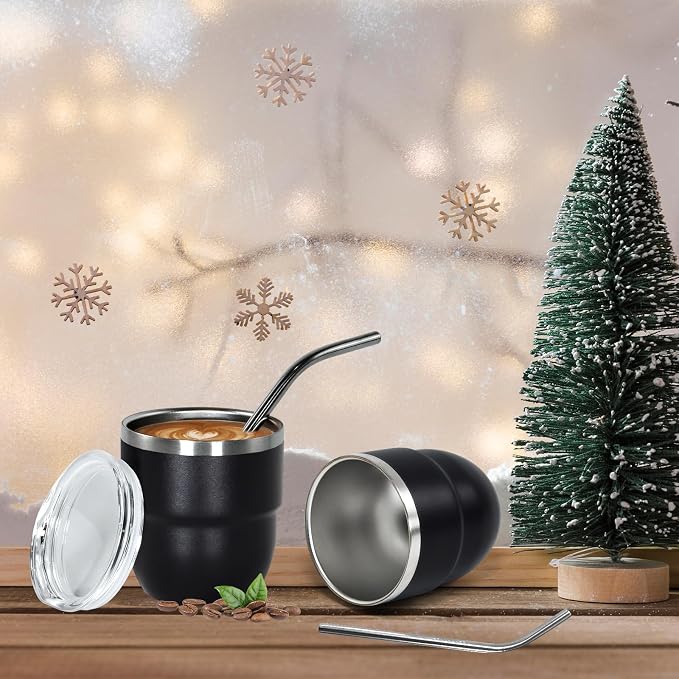 CHLJAR 4oz Stackable Cup, Vacuum Insulated Espresso Cup Set of 2, Espresso Shot Glass for Coffee, Double Wall Stainless Steel Mini Tumbler Shot Glasses with Straw and Lid