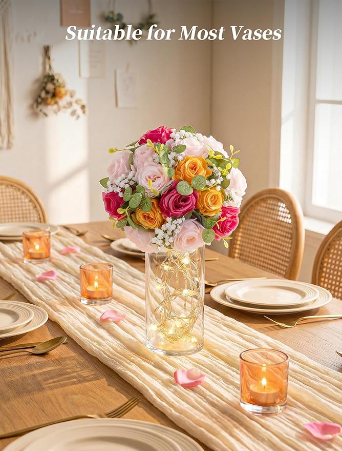 BLOSMON Fake Flower Centerpieces for Tables: 2 Pcs Pink and Orange Artificial Rose Babys Breath Flower Balls Wedding Party Decorations - Faux Silk Floral Arrangement Home Decor
