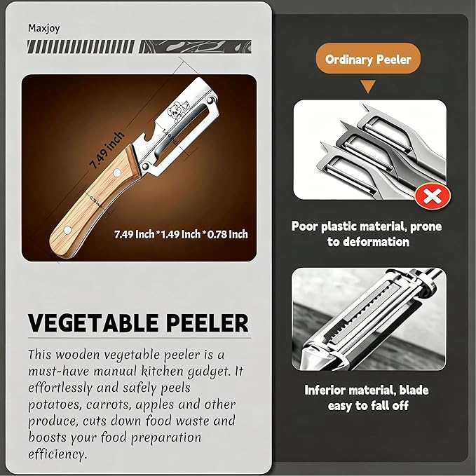 Maxjoy Multifunctional Vegetable Peeler, Zero Flex & Zero Snag, Stainless Steel with Wooden Handle, 2 in 1 Peeler with Bottle Opener for Potato Apple Carrot Fruit