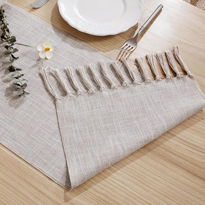 Linen Style Rustic Table Runner, Farmhouse Cotton Linen Table Runner, Boho Table Runners 72 Inches Long with Hand Tassels for Home Tabletop Decor and Everyday Use - Light Coffee, 72 Inch