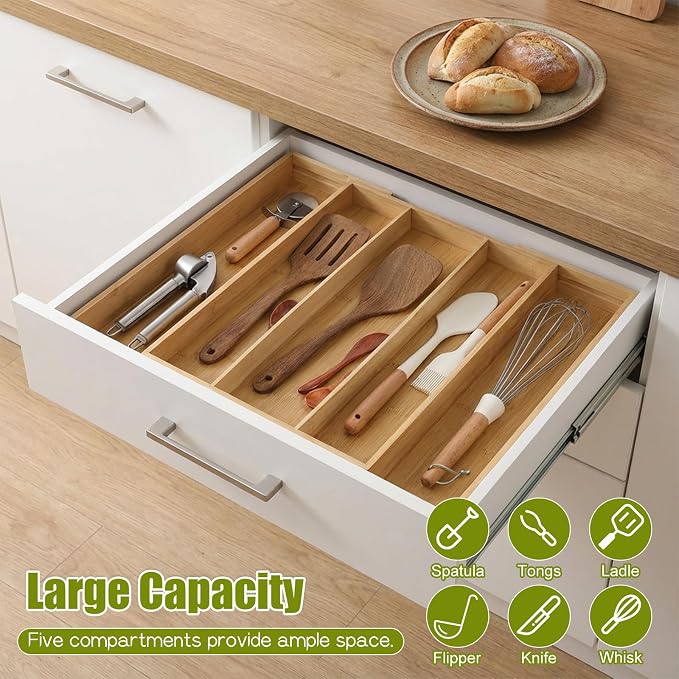 Bamboo Expandable Kitchen Drawer Organizer, 13.4" to 20.5" Adjustable Flatware Tray for Utensils, Kitchen Tool Drawer Divided Organizers, Bamboo Silverware Organizer, Cutlery Tray