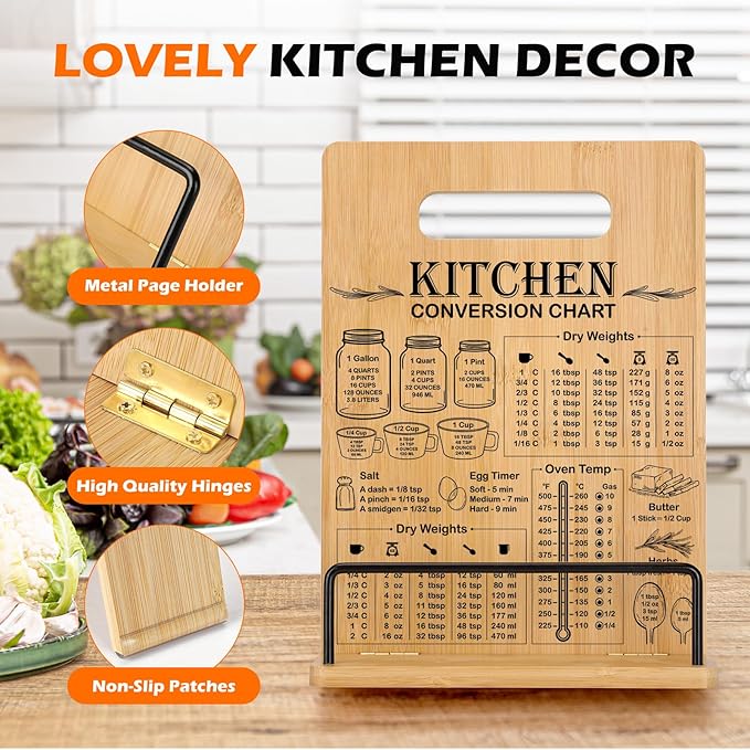 Bamboo Cookbook Stand for Kitchen Counter, Recipe Book Holder with Measurement Conversion Chart, Adjustable Cookbook Holder, Essential Accessories Women Gifts for Birthday Christmas