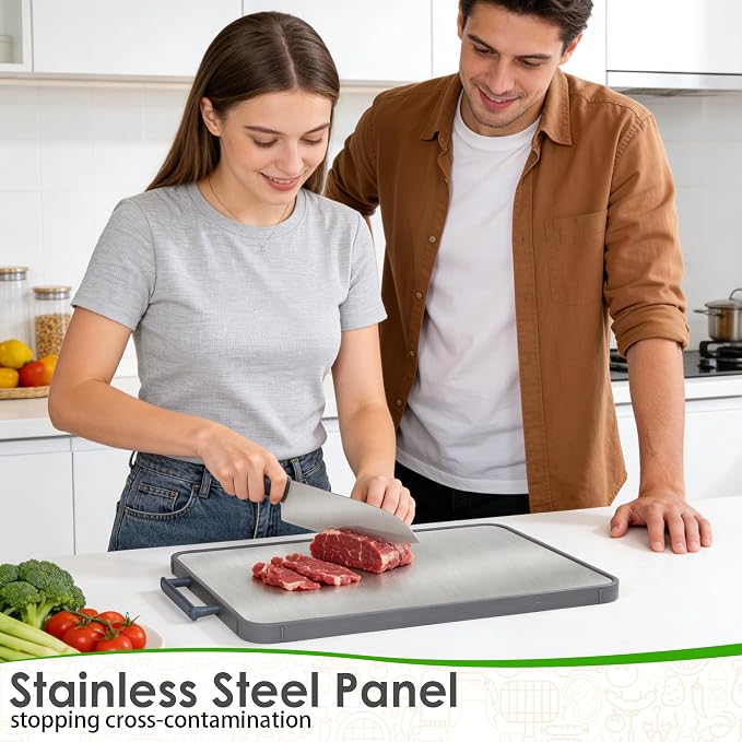 Stainless Steel Cutting Boards for Kitchen, 16"x12" Bamboo Cutting Board Double Sided Food Grade, Pure Titanium/Bamboo Kitchen Gadgets Chopping Board
