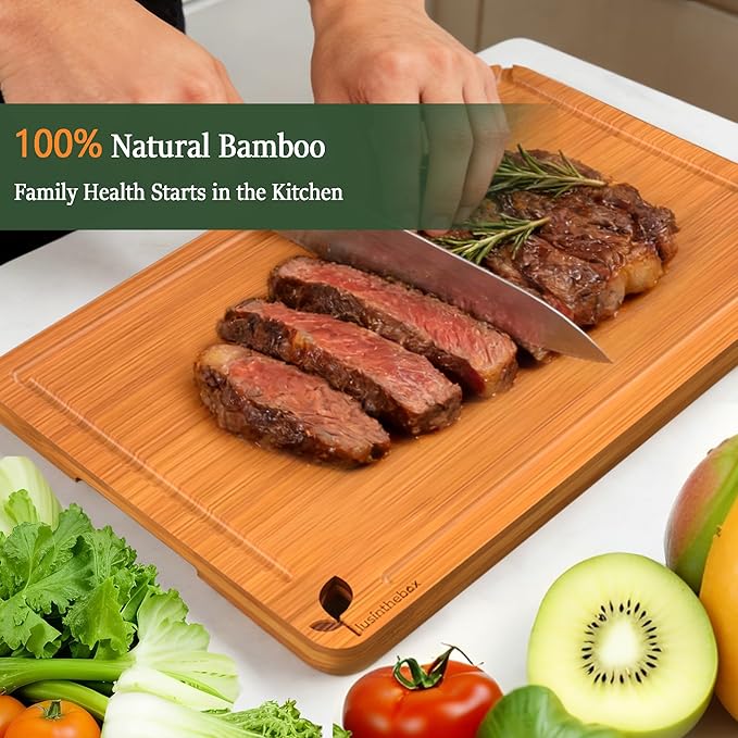 Cutting Board for Kitchen Meal Prep and Serving, Carbonized Bamboo Wood Butcher Block Chopping Board with Deep Juice Grooves and Side Handles for Meat, Bread, and Dough Kneading