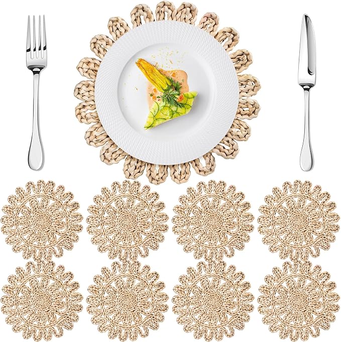 Set of 8 Ruffled Woven Corn Husk Placemats 11.8'' Boho Farmhouse Placemats for Tabletop Decor Elegant Dining Wedding Christmas Thanksgiving Day Holiday Dinner Party Housewarming Gifts Daily
