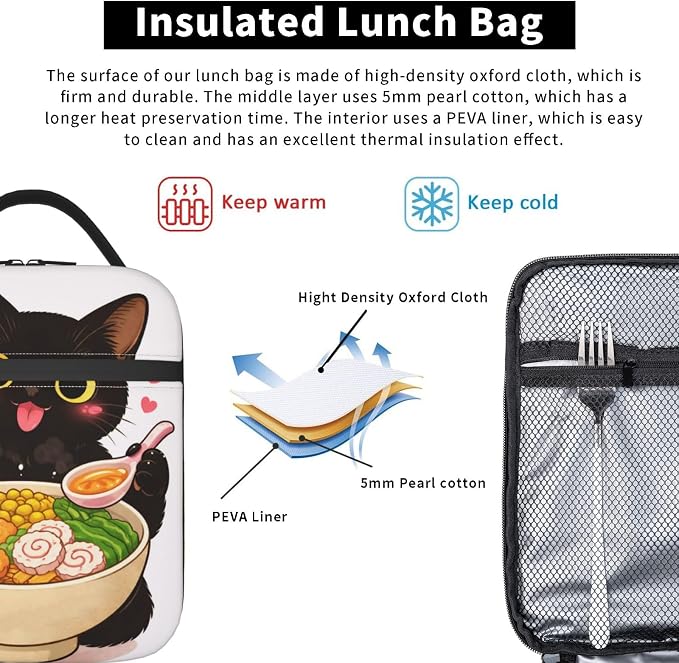 Black Cat Ramen Portable Lunch Bag, Insulated Lunch Box Reusable Totes for Women Men Adults, Lunchbag for Work Picnic Camping