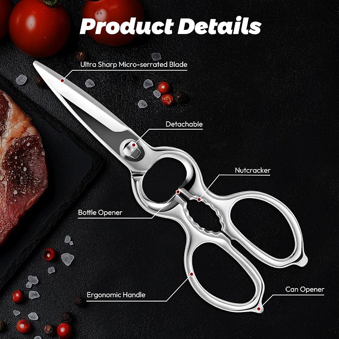 Upgraded Version of Detachable Kitchen Scissors, Mirror-Finish All-Steel Forged Stainless Steel Kitchen Shears Come Apart Food Scissor for Pizza Meat Bone Chef Scissors Heavy Duty Metal Shears, Silver