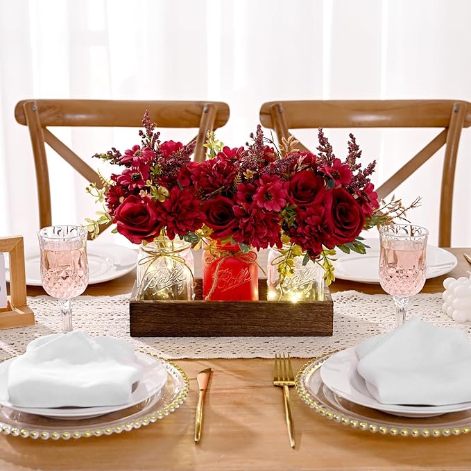 BLEUM CADE Mason Jar Centerpiece Table Decorations, Mason Jar Lights Centerpiece for Kitchen Dining Table Farmhouse Coffee Table Wedding Home Decor with 3 Jars Artificial Flowers & Wood Tray