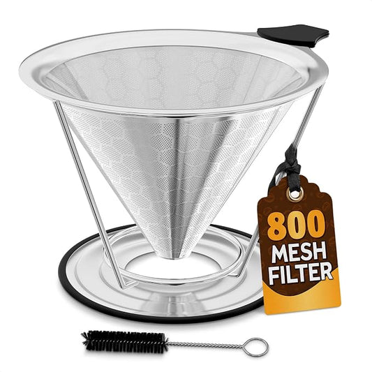 Pour Over Coffee Filter Reusable Stainless Steel - 800 Mesh Dual-Layer Cone Set with Stand and Cleaning Brush - Smooth, Rich Brew, Coffee Dripper Compatible with Hario V60, Chemex Brewers & Most Mugs