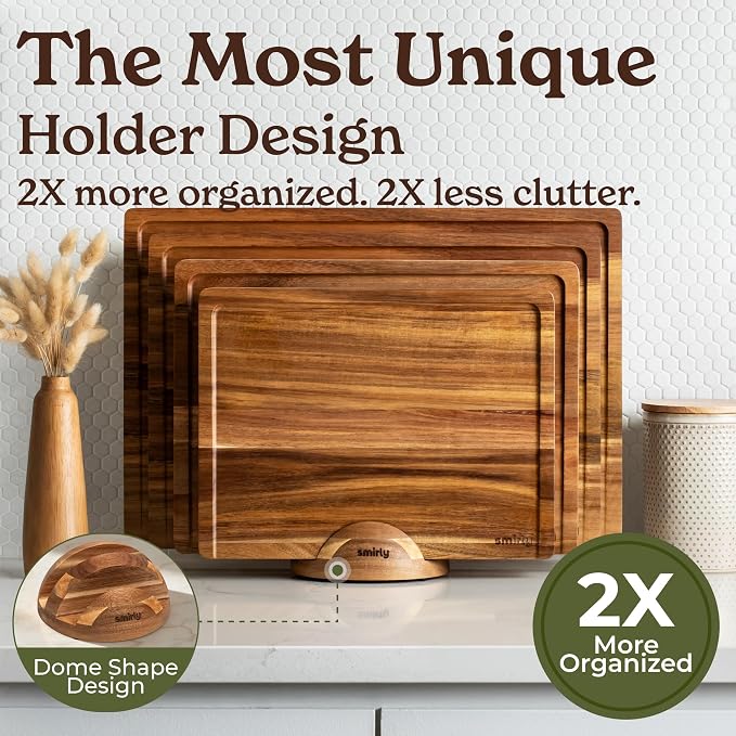 SMIRLY Acacia Wood Cutting Boards for Kitchen - Wood Cutting Board for Meal Prep, Serving, Charcuterie - Kitchen Gadgets, House Warming Gifts - Wooden Chopping Board Set of 4 with Holder