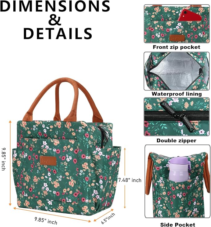 Joymee Insulated Lunch Bag for Women Reusable Leakproof - Green Floral | Spacious Storage, Bottle Holder & Pockets, Leakproof Insulated, for Work, Travel, Picnic, Daily Use, for Adult