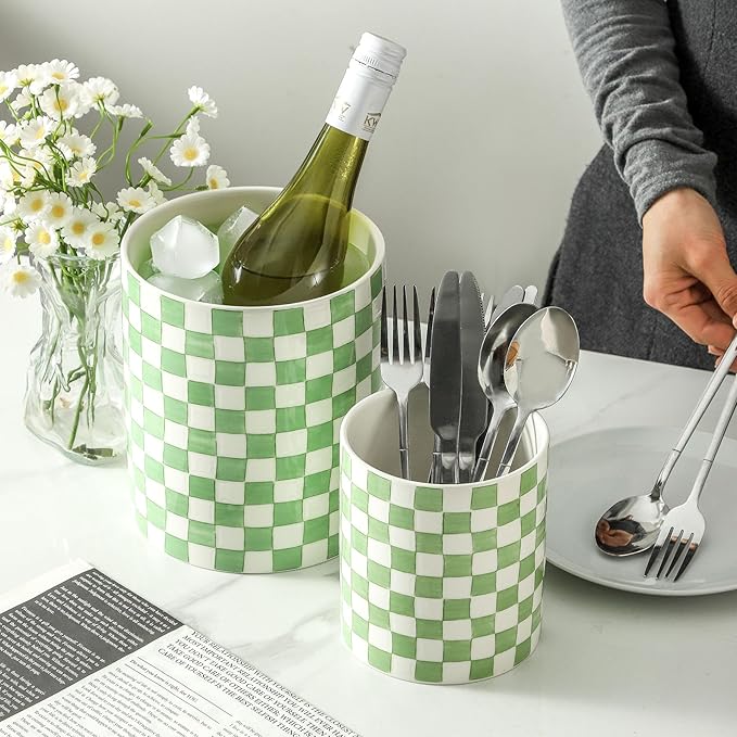 7" Ceramic Hand painted Utensil Holder, Large Kitchen Utensil Holder Organizer ,Stable Utensil Crock Spatula Holder for Kitchen Counter Countertop Farmhouse Cooking Tools Holder (Green)