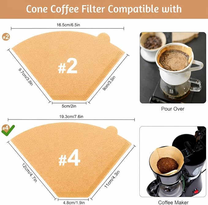 400 Count Coffee Filters #4, Disposable Coffee Filters 8-12 Cup,No Blowout,Unbleached Natural Coffee Filters 4 Cone Paper for Pour Over Coffer Makers/Coffee Dripper Cones
