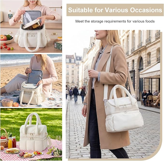 Nanxson Women Lunch Bag Double Deck Insulated Lunch Tote Bag Leakproof Quilted Puffer Lunch Box Reusable Lunch Cooler with Adjustable Strap For Work Picnic Travel Outdoor (10.9L, Beige)