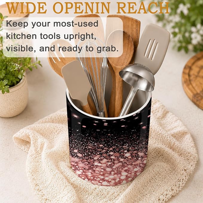 Kitchen Utensil Holder,Rose Gold Glitter Large Ceramic Utensil Crock Organizer for Spatulas,Spoons and Cooking Tools,Kitchen,Home Decoration 6.3"