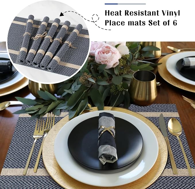 FAVE Placemats Set of 6 Blue Placemats Woven with Golden Threads Durable and Wipeable Vinyl Placemat Heat Resistant Table Mats Set of 6 High Texture Place Mats for Kitchen Table（Blue placemat）