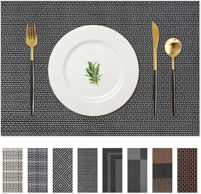AHHFSMEI Placemats Set of 6 Washable Woven Vinyl Placemats for Dining Table Heat Resistant Non-Slip Stain Resistant Table Mats for Kitchen & Home Decor(Black Silver,6)