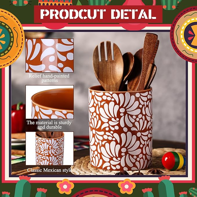 Kathfly Talavera Utensil Holder 6.7" H Large Ceramic Mexican Kitchen Utensil Crock Spatula Spoon Rest Holder Ceramic Mexico Decor for Kitchen Countertop Housewarming Gift