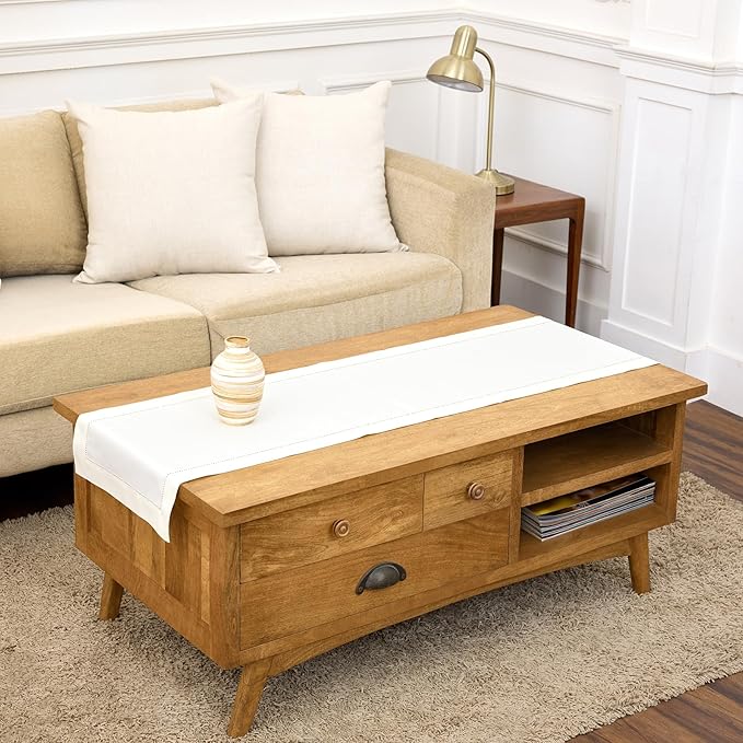 Solino Home White Table Runner 60 Inches - Cotton Linen Hemstitch Coffee Table Runner 14 x 60 Inch Ideal for Dresser Tables - Spring, Summer, 4th of July