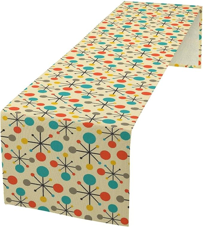 Mid Century Table Runner,70s Vintage Abstract Art Atomic Star Line Home Decor Kitchen Table Party Picnic 13x36 Inch