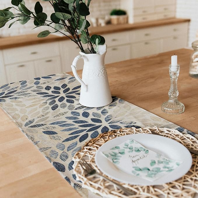 Snycler 13x48 Inch Table Runner Navy Blue Dahlia Pinnata Flower Table Runners Modern Elegant Pompon Farmhouse Geometric Table Center White Linen Decor for Home Dining Party Entrance