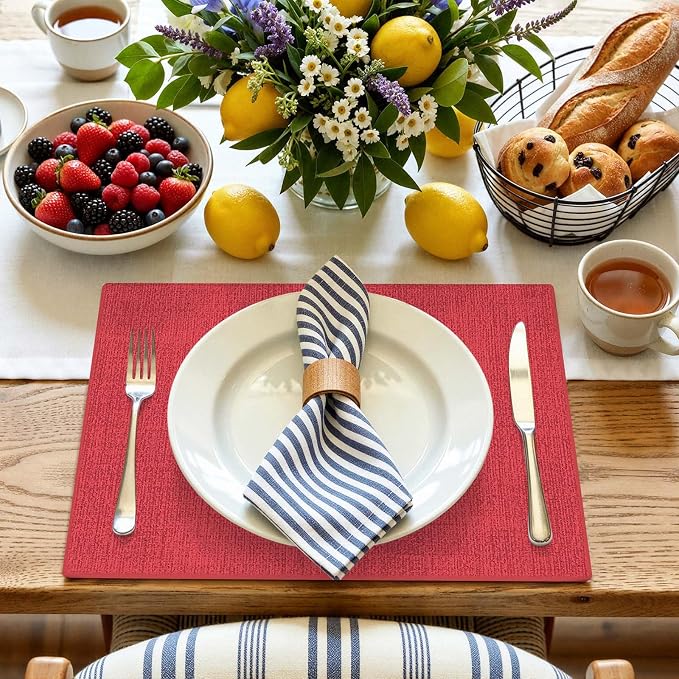 homing Faux Leather Heat Resistant Placemats 6 Packs, Waterproof Wipeable Dining PU Place Mats for Indoor & Outdoor, Easy to Clean, Red