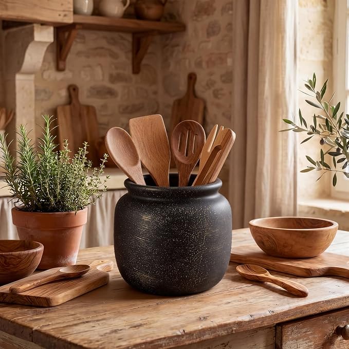Qinyoung Rustic Kitchen Utensil Holder 6 Inch Small Ceramic Utensil Holder with Handle Vintage Crock Decoration Spatula Organizer for Kitchen Countertop Farmhouse Party Supplies(Black, Textured)