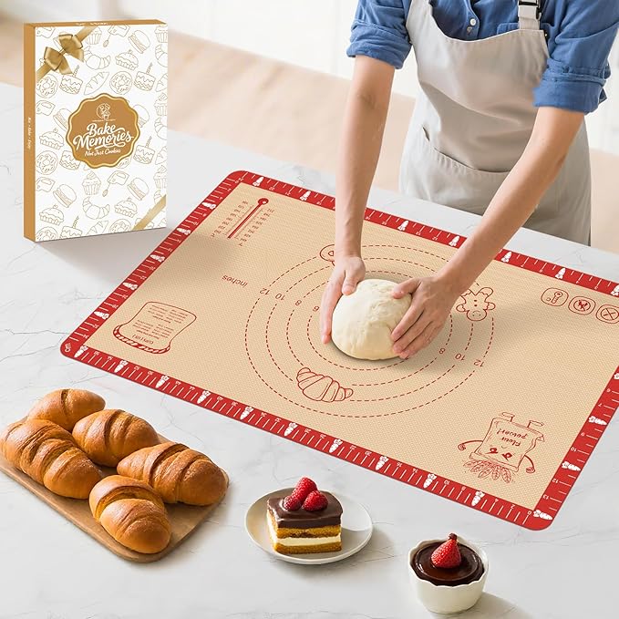 Non-Slip Silicone Baking Mat - 32x24 inch Extra Thick Pastry Mat with Measurements for Sourdough, Macarons, Bread, Pizza, Dough Rolling, Kneading, Oven Mat Heat Resistant to 480°F for Baker