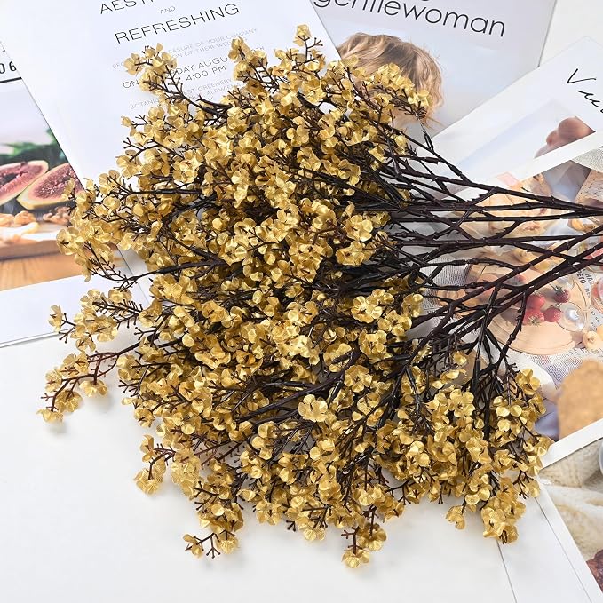 Waipfaru 15 Pcs Baby's Breath Artificial Flowers Gypsophila for Home DIY Floral Arrangement Table Centerpiece Living Room Christmas Decoration (Gold)