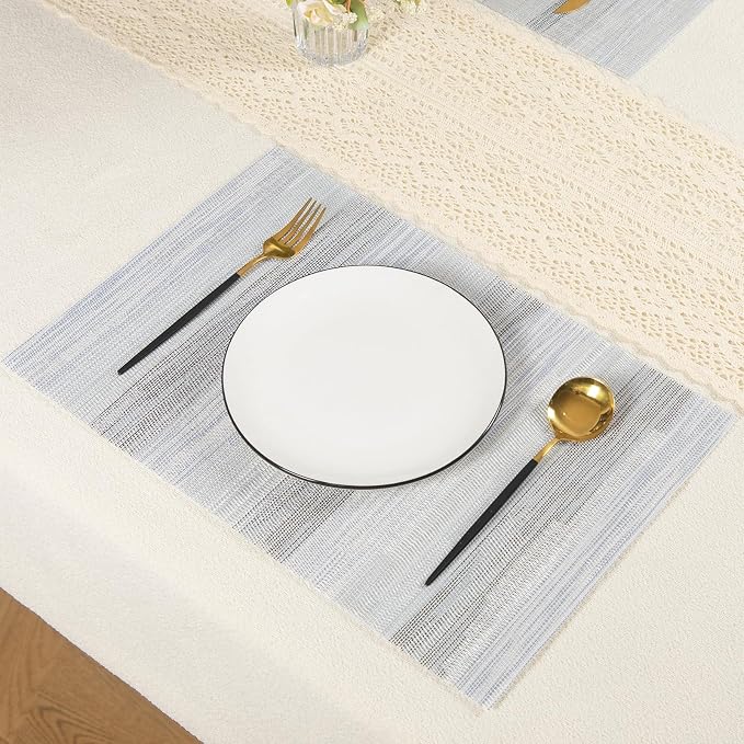Blue Woven Placemats Set of 6 – Heat Resistant, Waterproof & Easy to Clean – Durable Synthetic Dining Table Mats for Kitchen, Restaurant & Outdoor Use