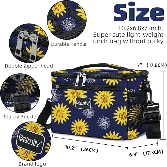 BEIMILY Lunch Box for Men/Women,Small Insulated Lunch Bag,Reusable LunchBox for work Picnic Hiking Beach,Leakproof Soft Cooler Tote Bag Organizer with Adjustable Shoulder Strap for Adults(sunflower)