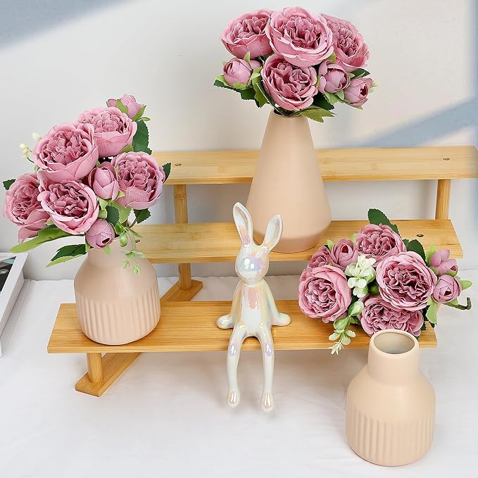 Flower Table Centerpiece - Dining Table Centerpiece Decor Set of 3 Fake Peonies in Ceramic Vases & Wood Tray Modern for Kitchen Island Living Room Coffee Table Home Decor (Dusty Pink)