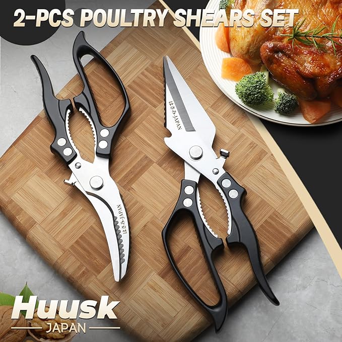 Huusk Heavy Duty Kitchen Scissors Set – All Purpose Japanese Poultry Shears for Chicken, Meat, Fish, Vegetables & Pizza with Ergonomic Non-Slip Black Handle, Gifts for Women Men