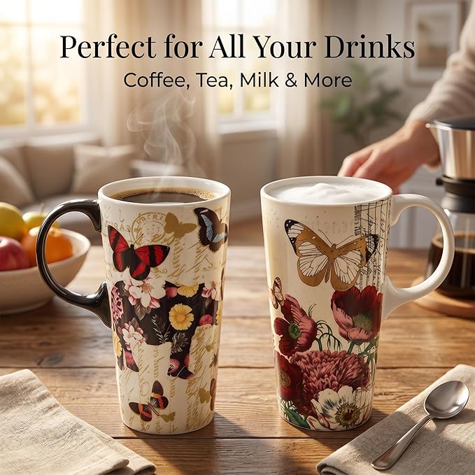 Topadorn Set of 2 17oz Ceramic Travel Mugs with Lids, Vintage Butterfly & Floral Coffee Cup Set, Spill Resistant Microwave & Dishwasher Safe Mug Set