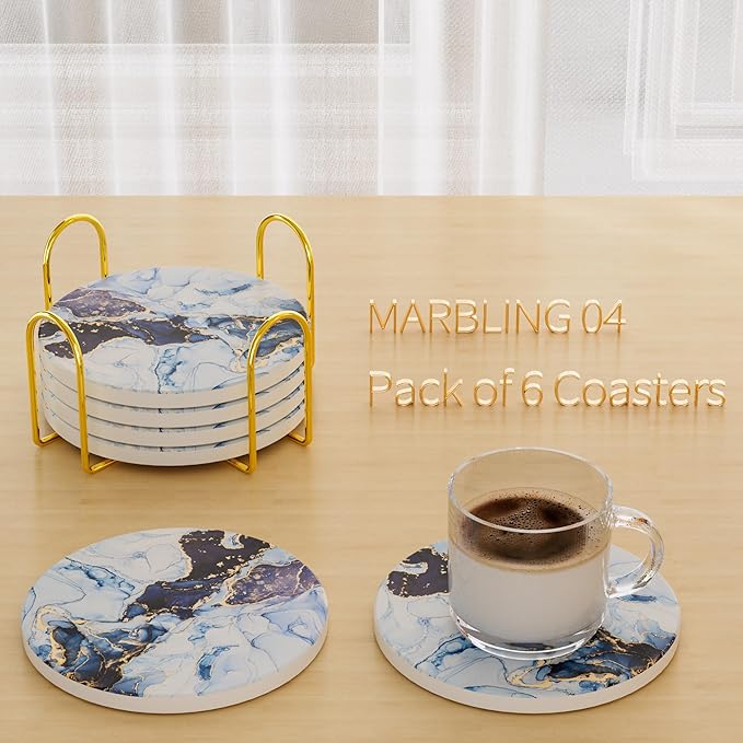 6Pcs/Set Marble Abstract Ceramic Coasters with Holder, Absorbent Drink Coasters, Coffee Cup Coaster,Round Ceramic Table Coasters Set Decorative