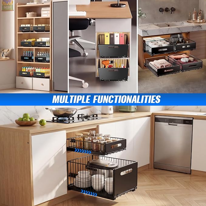2 Pack Pull Out Cabinet Organizer, 15"" Depth Slide Out Drawer with Nano Adhesive (No Drilling), Heavy Duty Tall Wire Basket for Kitchen, Under Sink, Bathroom, 9.44"" W x 7.08"" H, Black