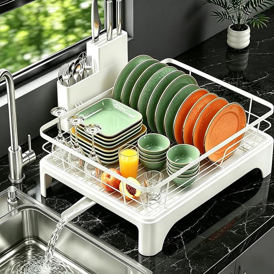 Large Dish Drying Rack with Automatic Dish Drying Rack for Kitchen Counter, Rustproof Stainless Steel Dish Drainer with Cutlery Holder, Over Sink Organizer (17" x 13.4", White)