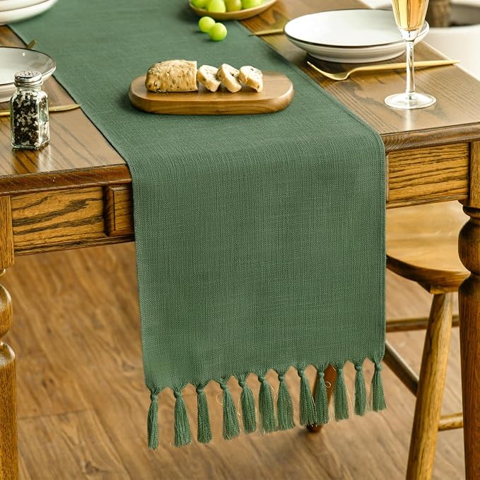 Artoid Mode Dark Green Tassel Table Runner, Linen Blend Rustic Farmhouse Style Kitchen Table Decoration Holiday Wedding Party Dinning Decor 13x36 Inch